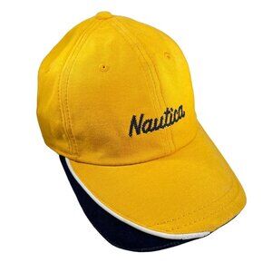 Vtg Nautica Hat Yellow Blue 6 Panel Cotton Ball Cap Strapback Piping Spell-out